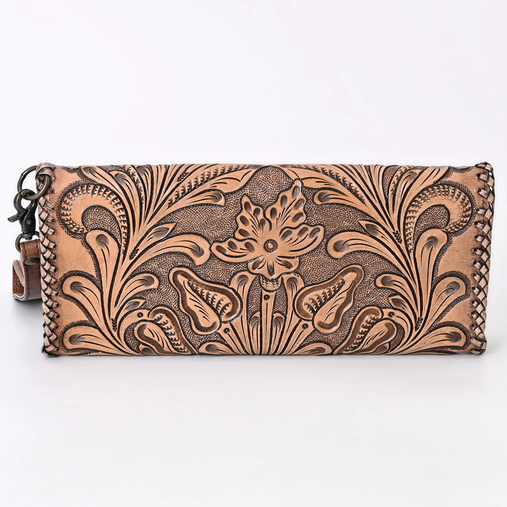 American Darling Western Hand-Tooled Leather Wallet Handbag for Women – Genuine Leather Floral Carved Designer Purse with Wristlet Strap
