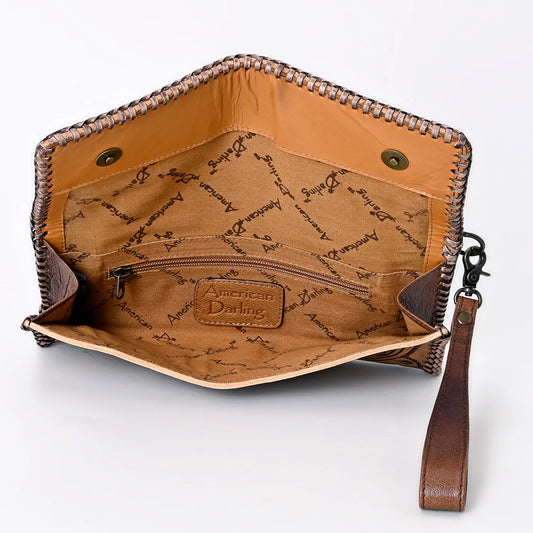 American Darling Western Hand-Tooled Leather Wallet Handbag for Women – Genuine Leather Floral Carved Designer Purse with Wristlet Strap