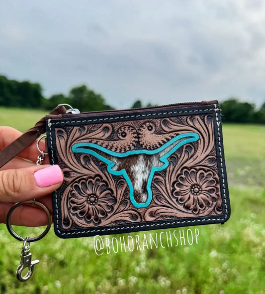 Western Cowhide Leather Keychain Wallet Longhorn Thunderbird