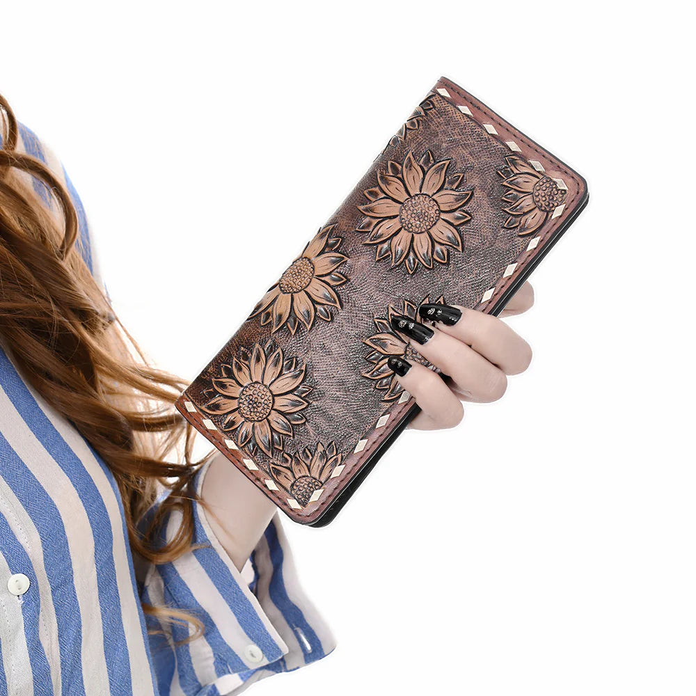 Hand Tooled Genuine Leather Sunflower Wallet