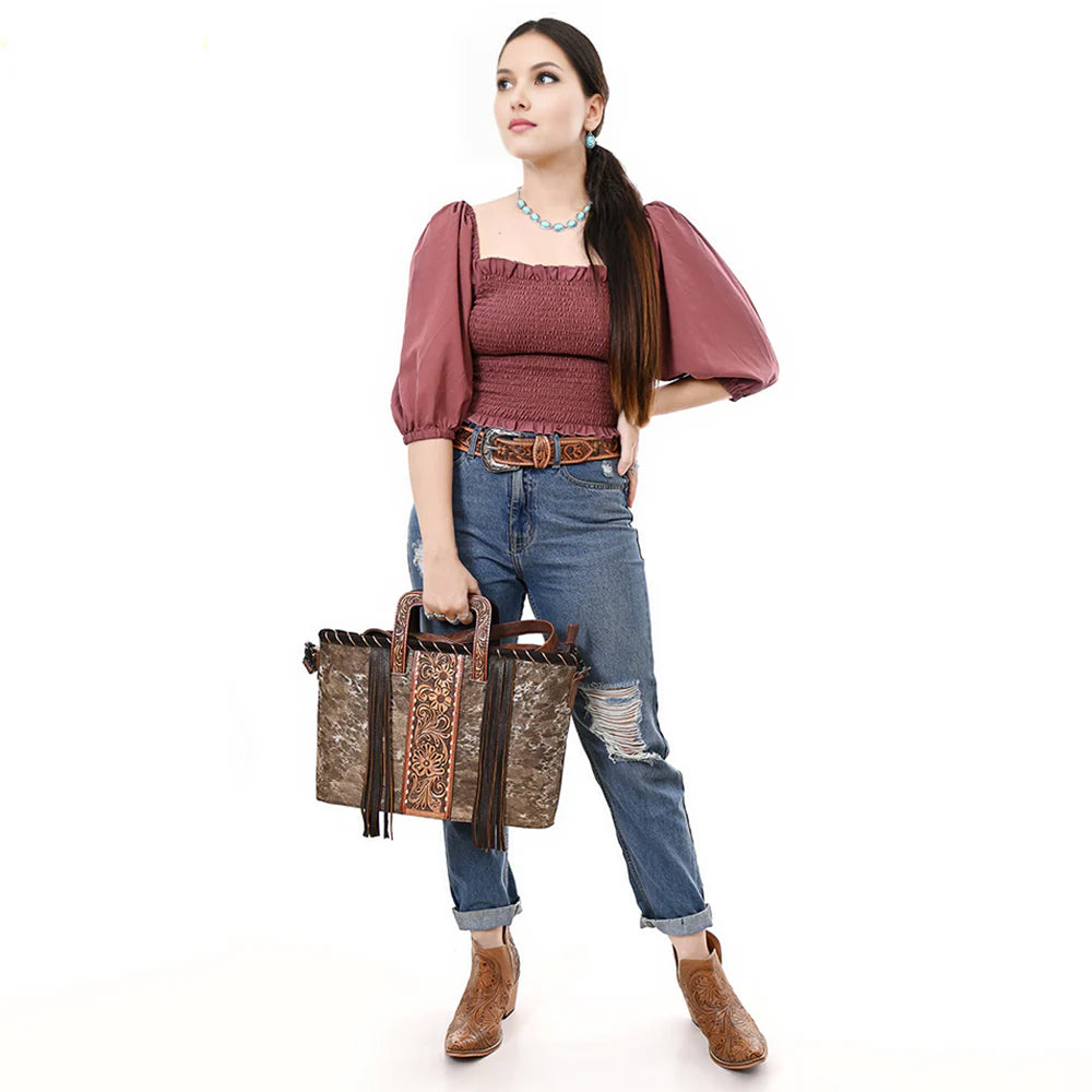 American Darling Cowhide Leather Tote Bag - Tooled Floral Center, Fringe Sides & Structured Handles