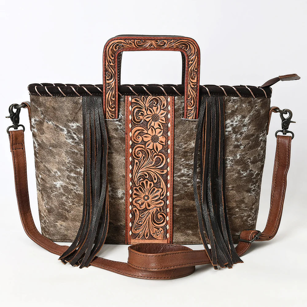 American Darling Cowhide Leather Tote Bag - Tooled Floral Center, Fringe Sides & Structured Handles