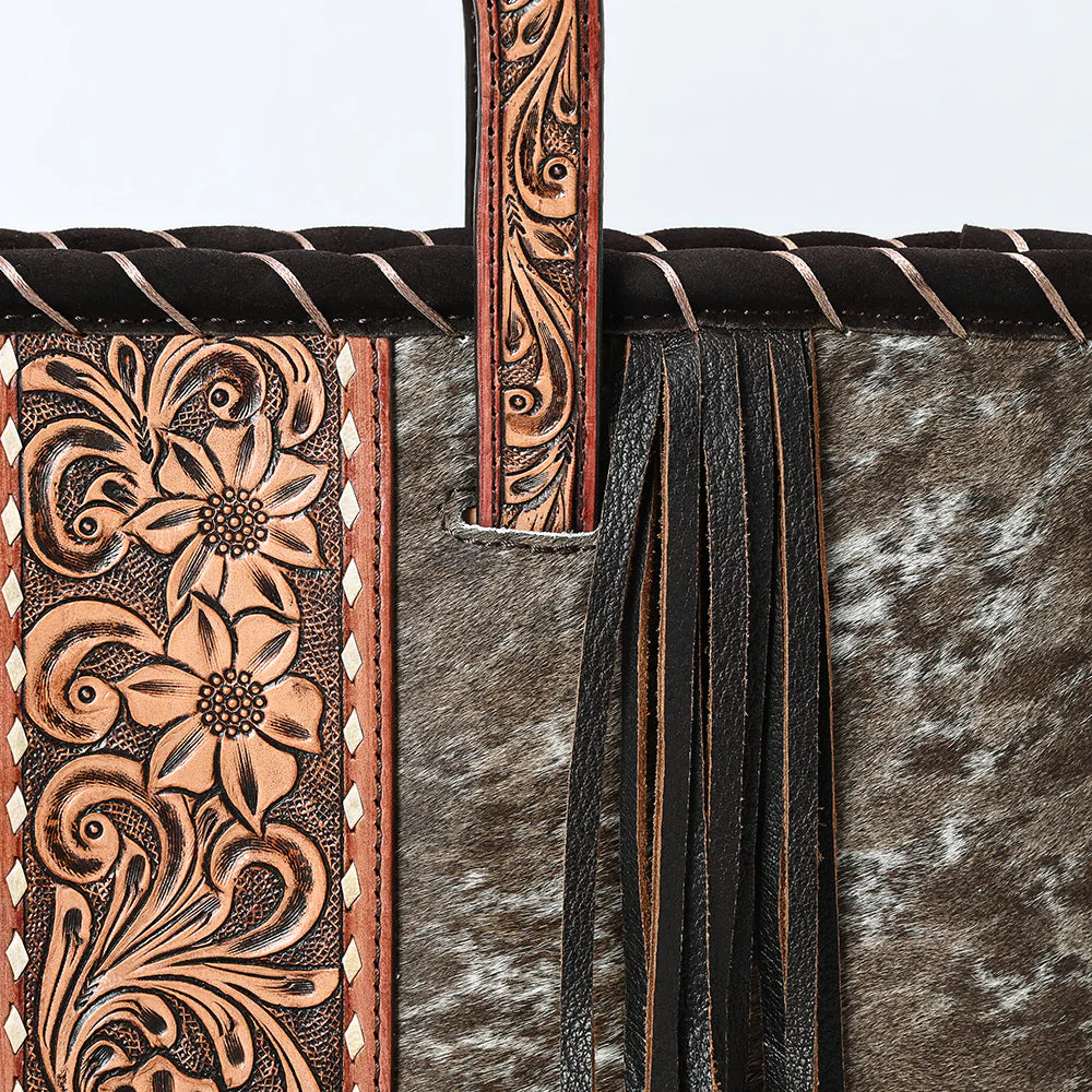 American Darling Cowhide Leather Tote Bag - Tooled Floral Center, Fringe Sides & Structured Handles
