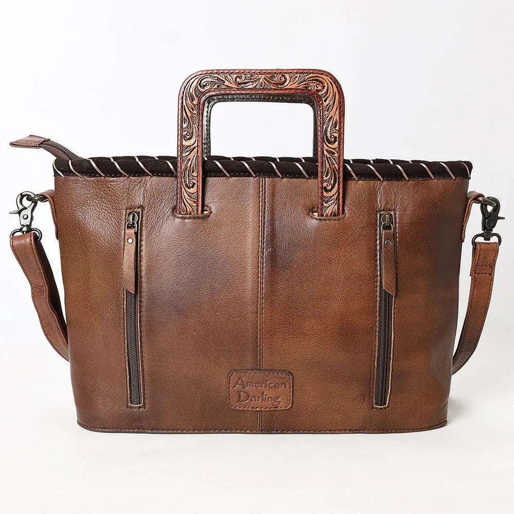 American Darling Cowhide Leather Tote Bag - Tooled Floral Center, Fringe Sides & Structured Handles