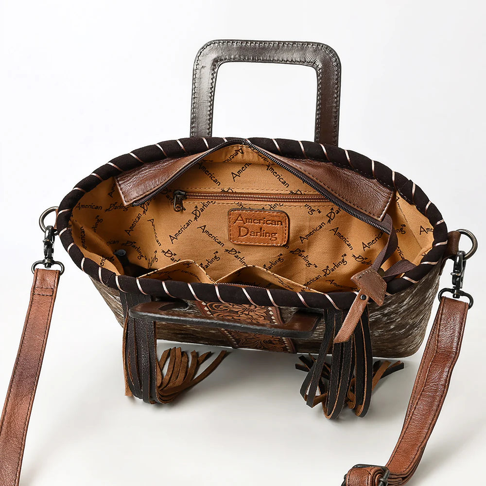 American Darling Cowhide Leather Tote Bag - Tooled Floral Center, Fringe Sides & Structured Handles