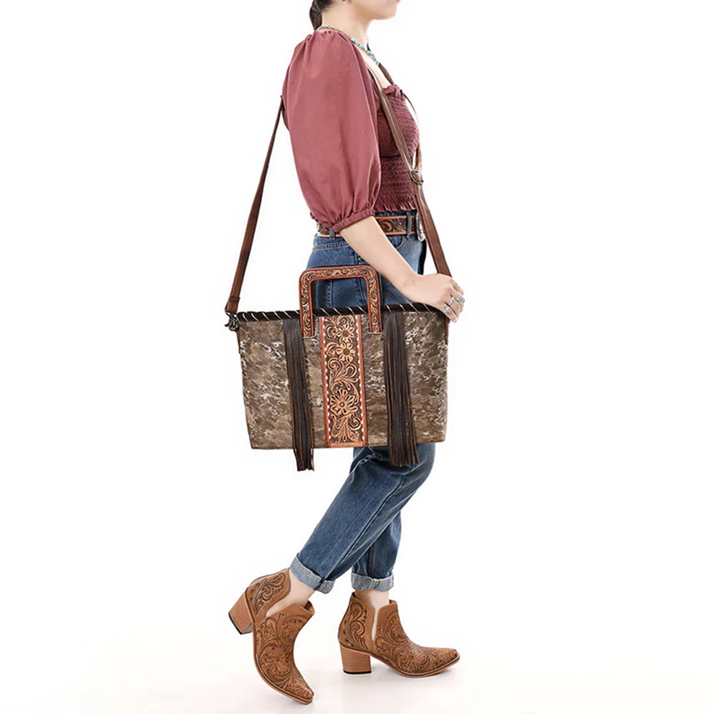 American Darling Cowhide Leather Tote Bag - Tooled Floral Center, Fringe Sides & Structured Handles