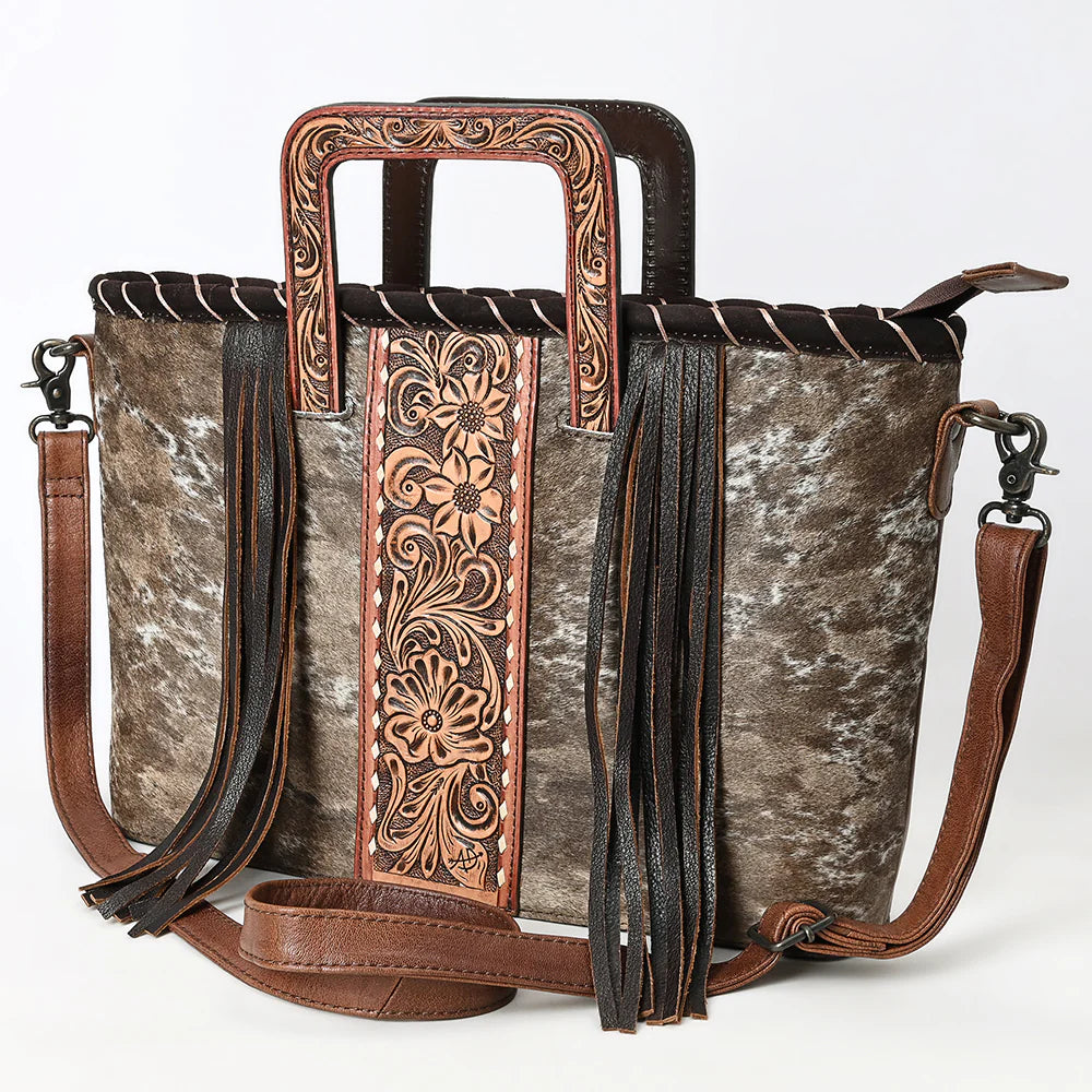 American Darling Cowhide Leather Tote Bag - Tooled Floral Center, Fringe Sides & Structured Handles