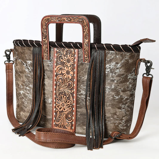 American Darling Cowhide Leather Tote Bag - Tooled Floral Center, Fringe Sides & Structured Handles