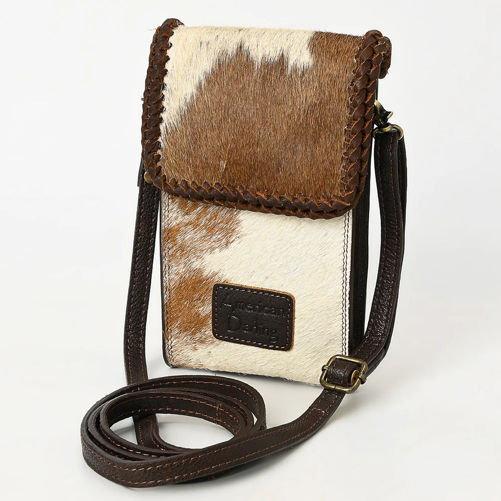Mini Hair-On Leather Crossbody - Western Cellphone Holder Bag with Braided Trim
