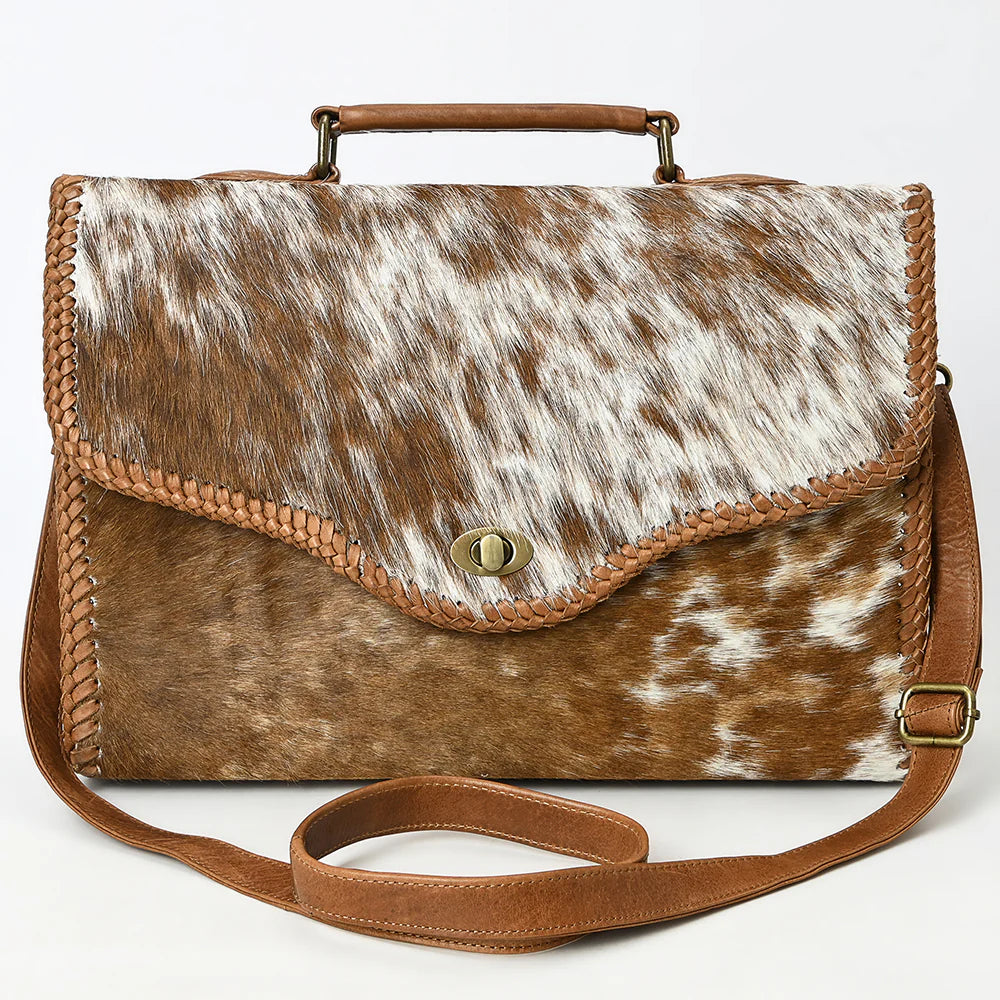 Hair-On Cowhide Leather Messenger Bag with Braided Trim