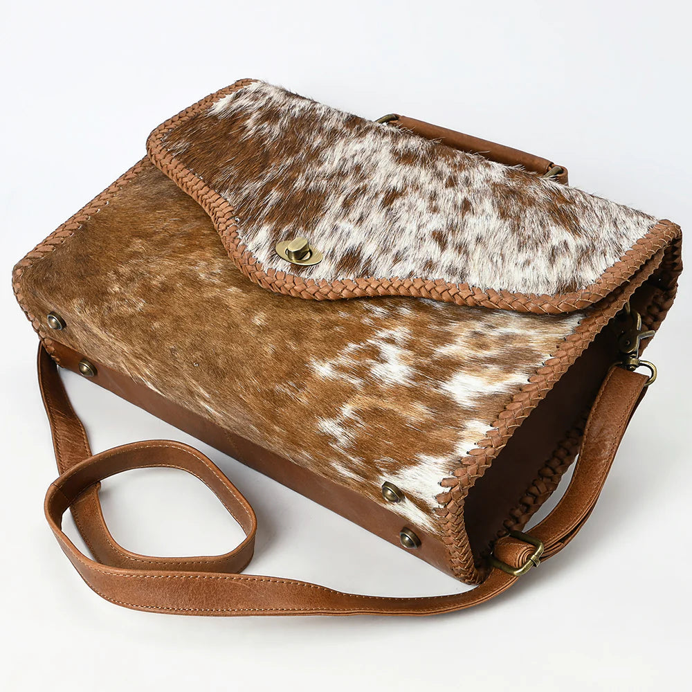 Hair-On Cowhide Leather Messenger Bag with Braided Trim