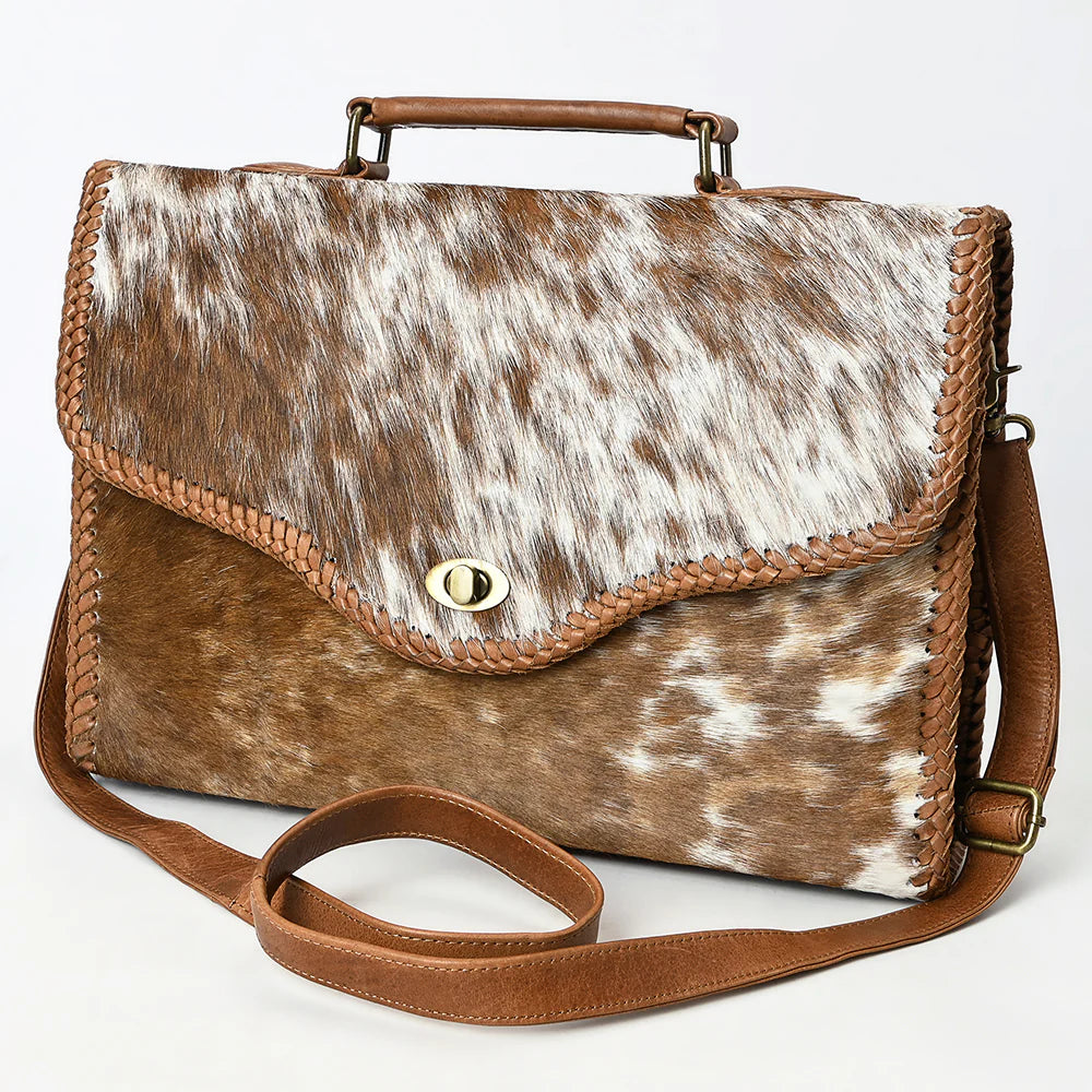 Hair-On Cowhide Leather Messenger Bag with Braided Trim