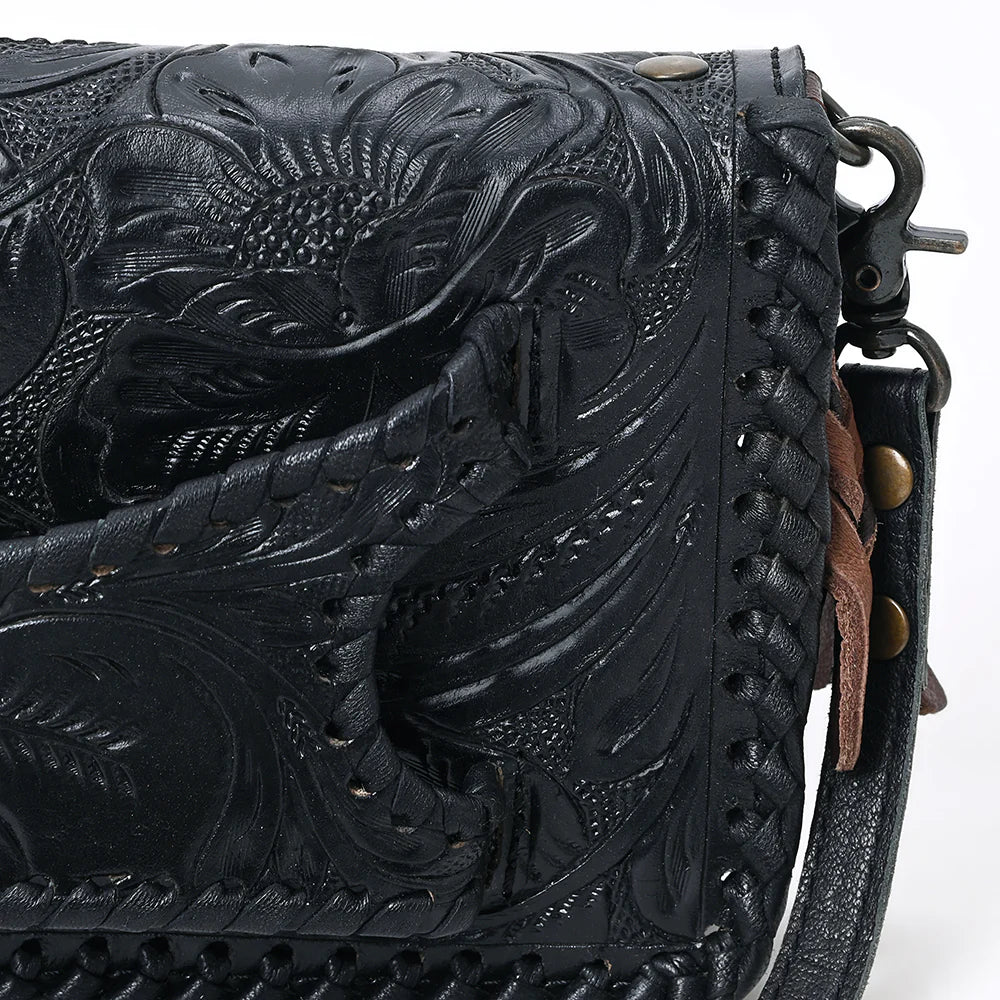 Western Tooled Leather Clutch Bag with Floral Carving and Premium Genuine Leather
