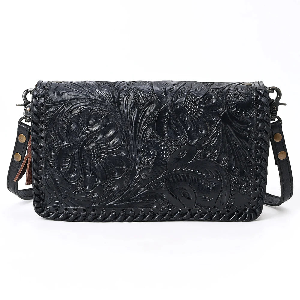 Western Tooled Leather Clutch Bag with Floral Carving and Premium Genuine Leather