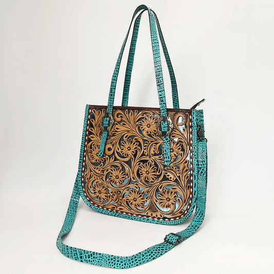 Tooled Leather Western Tote Bag with Croc Embossed Accents
