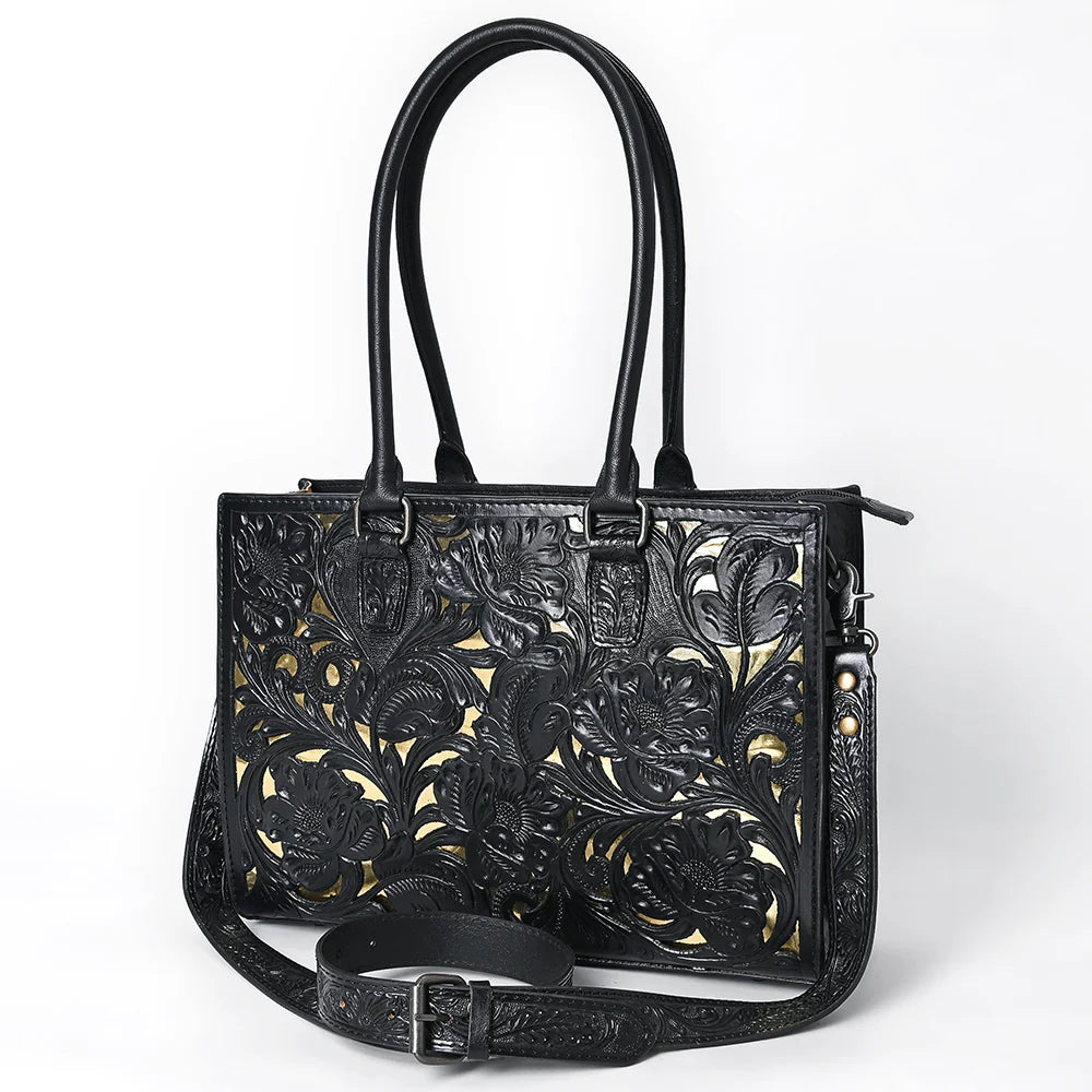 Black & Gold Hand-Tooled Leather Tote Bag - Western Floral Design
