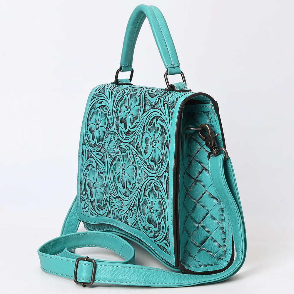 Teal Western Top Handle Hand-Tooled Leather Floral Messenger Bag
