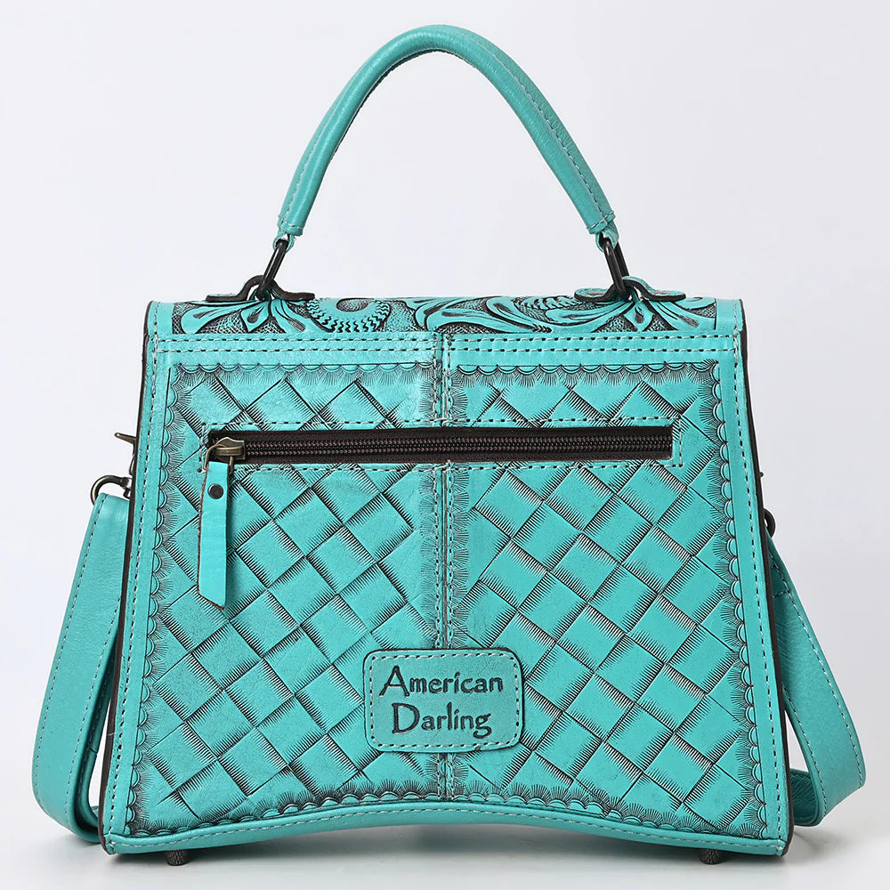 Teal Western Top Handle Hand-Tooled Leather Floral Messenger Bag