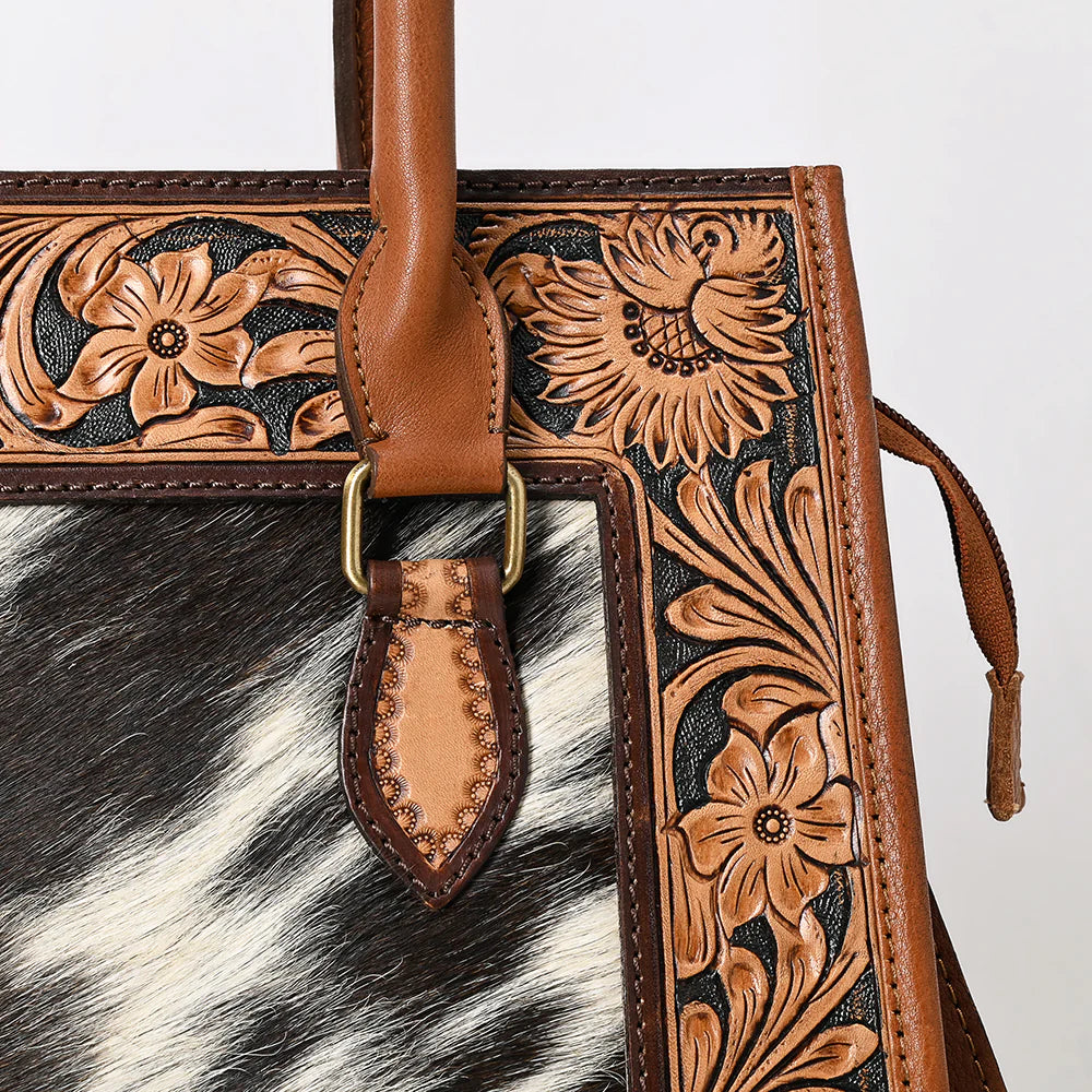 Hand-Tooled Genuine Leather & Cowhide Western Tote Bag-Floral Buckle Accent Purse