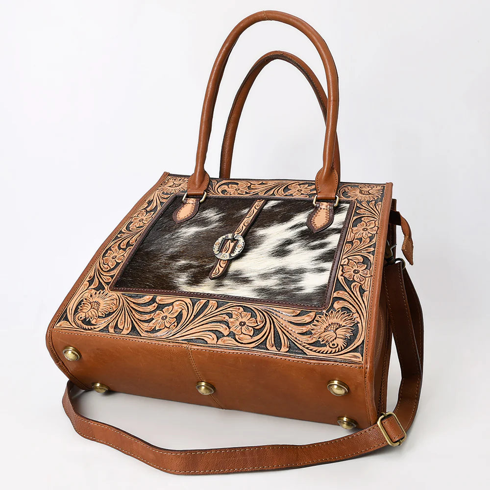 Hand-Tooled Genuine Leather & Cowhide Western Tote Bag-Floral Buckle Accent Purse
