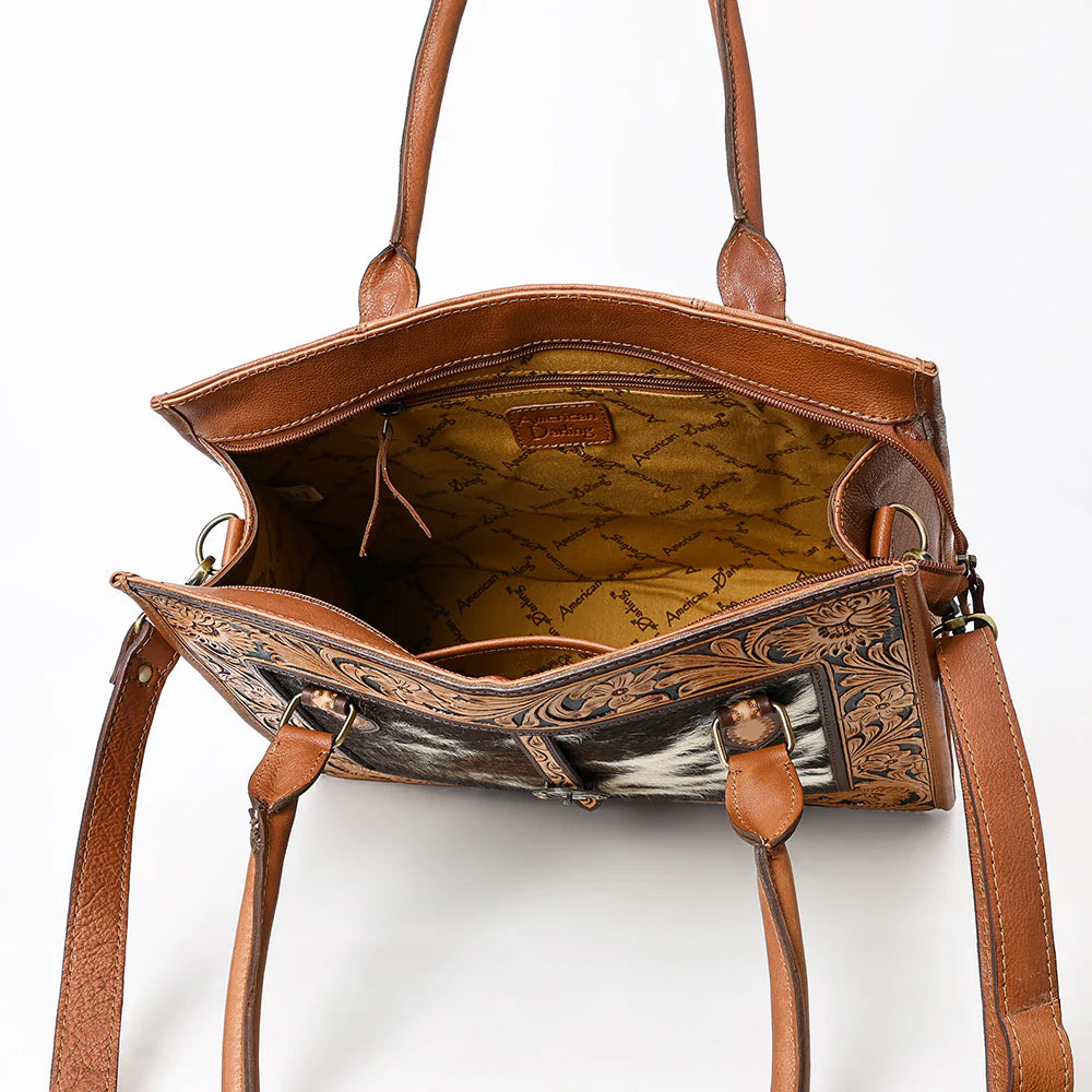 Hand-Tooled Genuine Leather & Cowhide Western Tote Bag-Floral Buckle Accent Purse