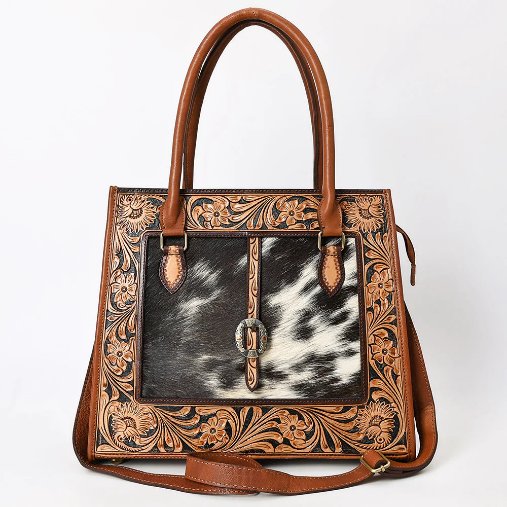 Hand-Tooled Genuine Leather & Cowhide Western Tote Bag-Floral Buckle Accent Purse