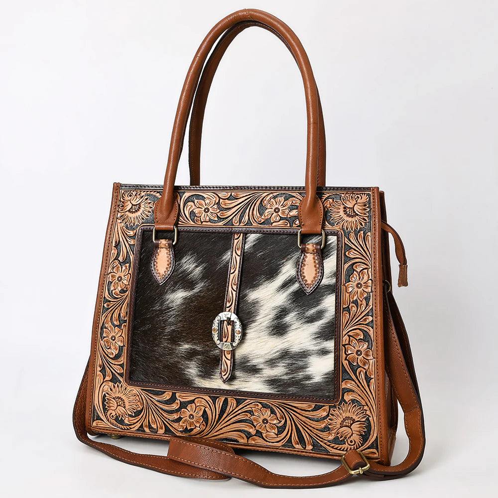 Hand-Tooled Genuine Leather & Cowhide Western Tote Bag-Floral Buckle Accent Purse