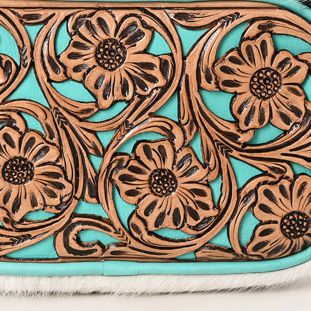 Small Crossbody Bag, Hair-On Cowhide, Hand-Tooled Floral Leather