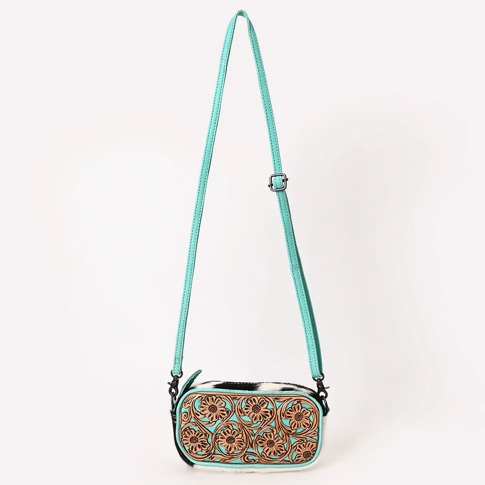 Small Crossbody Bag, Hair-On Cowhide, Hand-Tooled Floral Leather