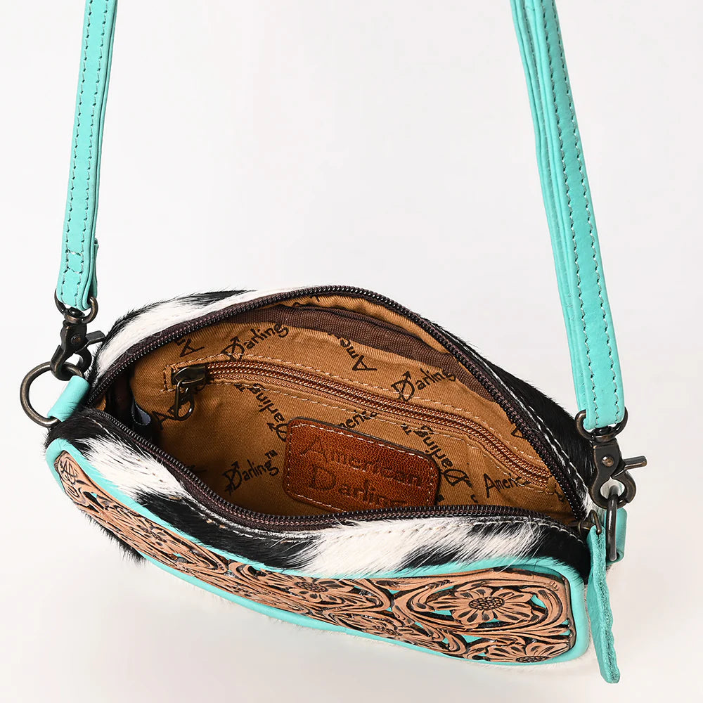Small Crossbody Bag, Hair-On Cowhide, Hand-Tooled Floral Leather