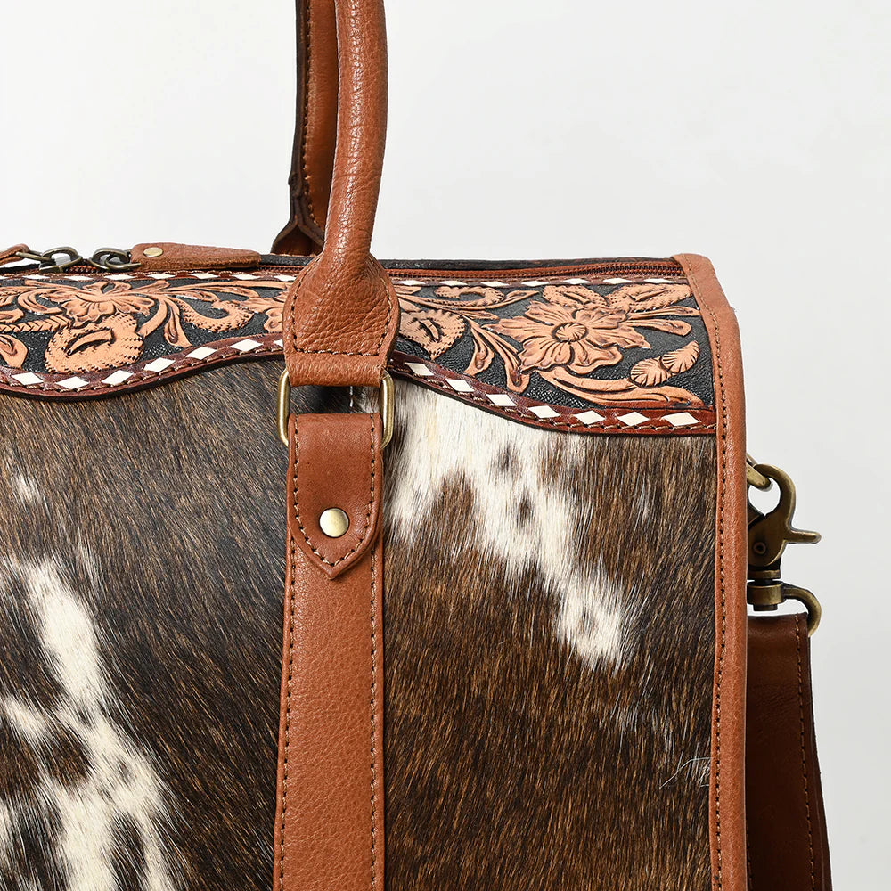Cowhide Duffel Satchel with Tooled Leather Floral Yoke & Shoulder Strap