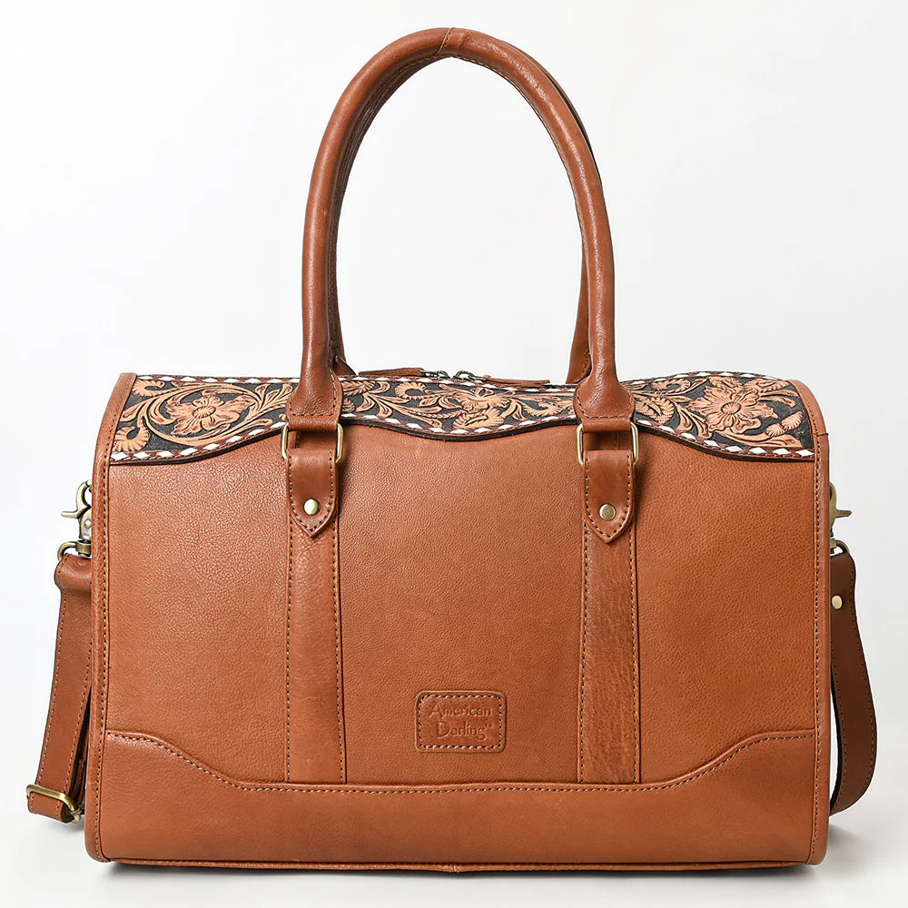 Cowhide Duffel Satchel with Tooled Leather Floral Yoke & Shoulder Strap