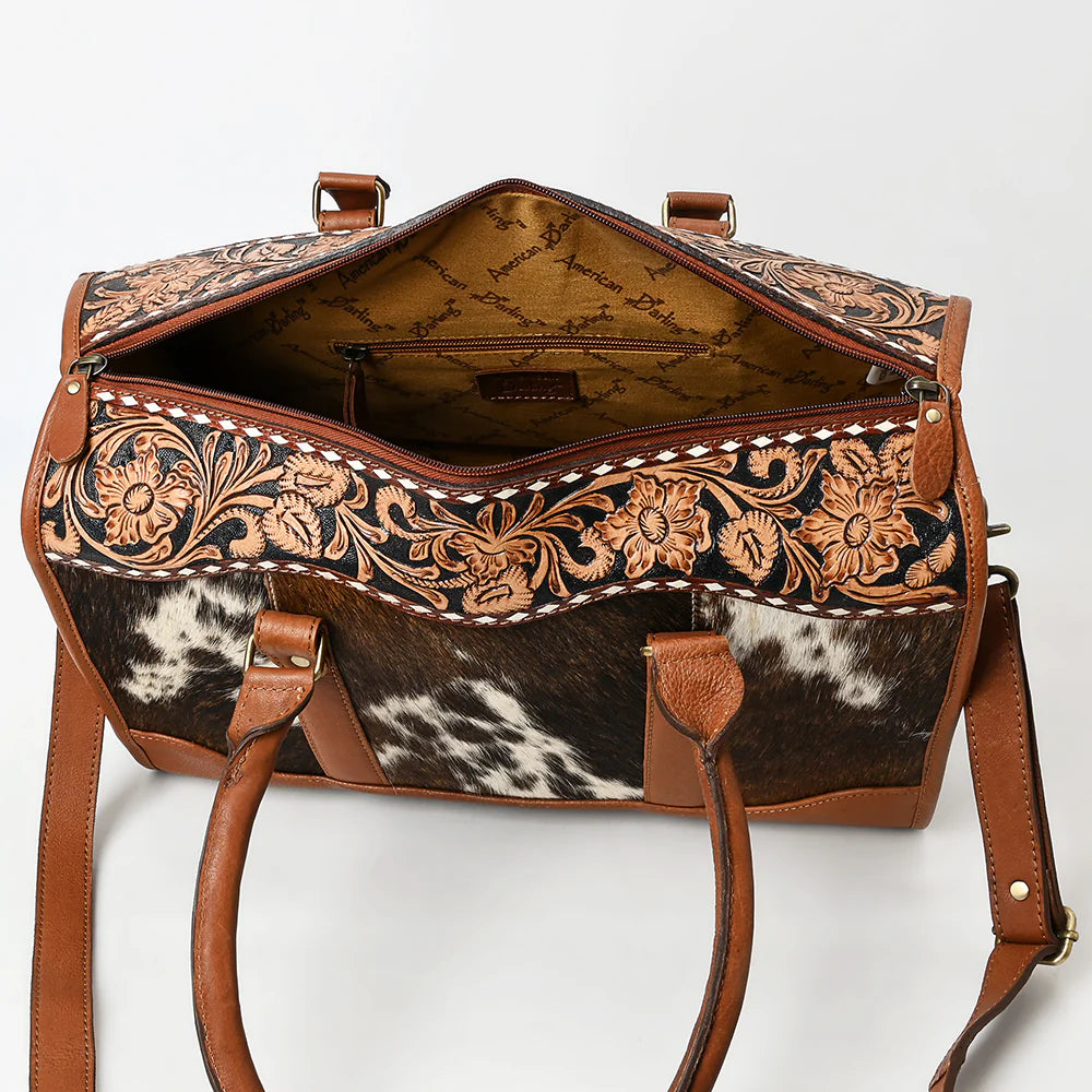 Cowhide Duffel Satchel with Tooled Leather Floral Yoke & Shoulder Strap