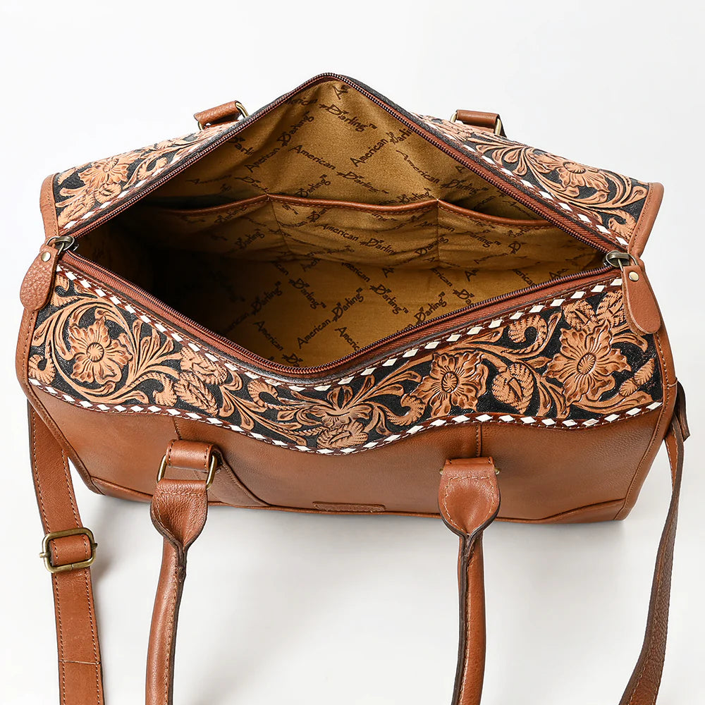 Cowhide Duffel Satchel with Tooled Leather Floral Yoke & Shoulder Strap