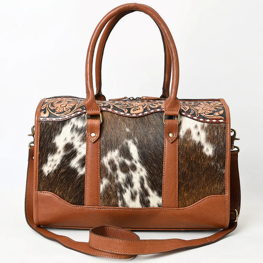 Cowhide Duffel Satchel with Tooled Leather Floral Yoke & Shoulder Strap