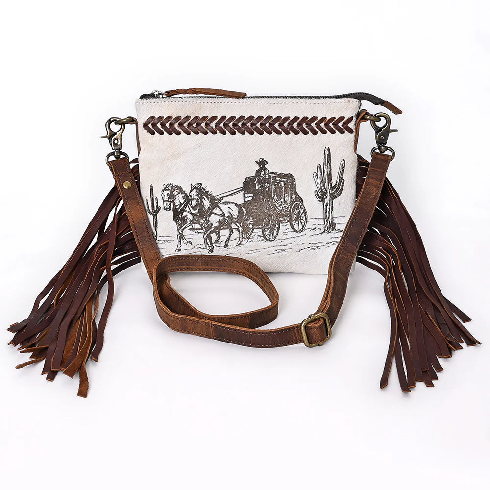 Western Fringe Crossbody Bag with Stagecoach Design - Hair-On Cowhide Leather Purse