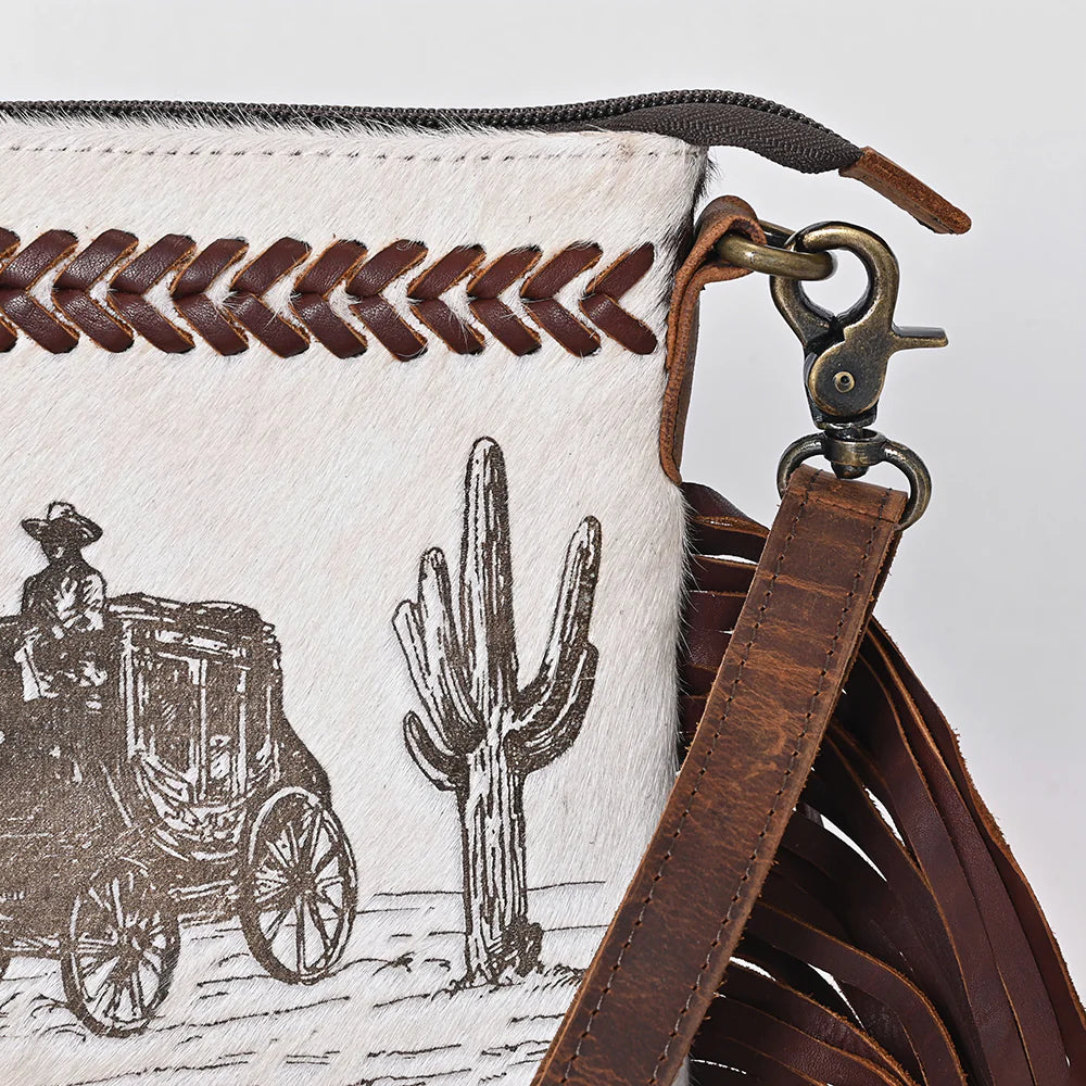 Western Fringe Crossbody Bag with Stagecoach Design - Hair-On Cowhide Leather Purse