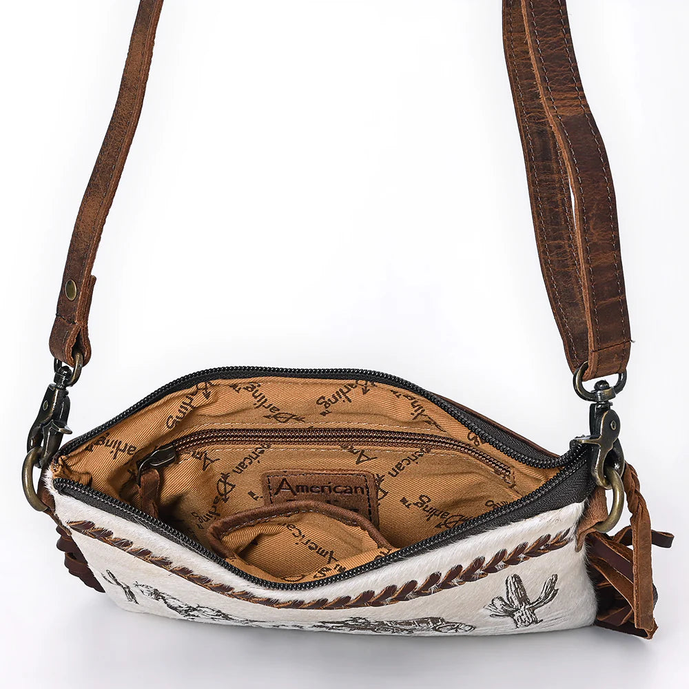 Western Fringe Crossbody Bag with Stagecoach Design - Hair-On Cowhide Leather Purse