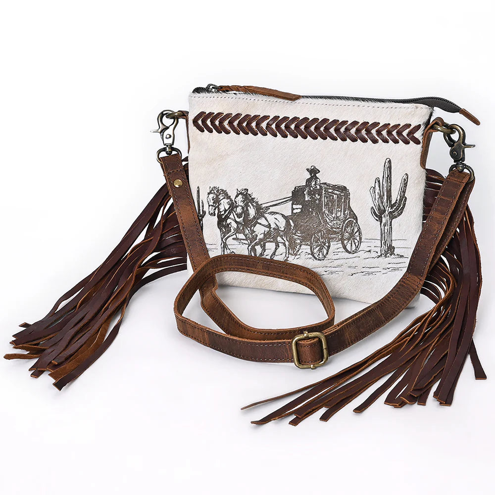 Western Fringe Crossbody Bag with Stagecoach Design - Hair-On Cowhide Leather Purse