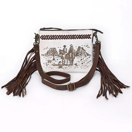 Cowhide Crossbody Bag with Desert Riders Scene - Western Fringe Leather Purse