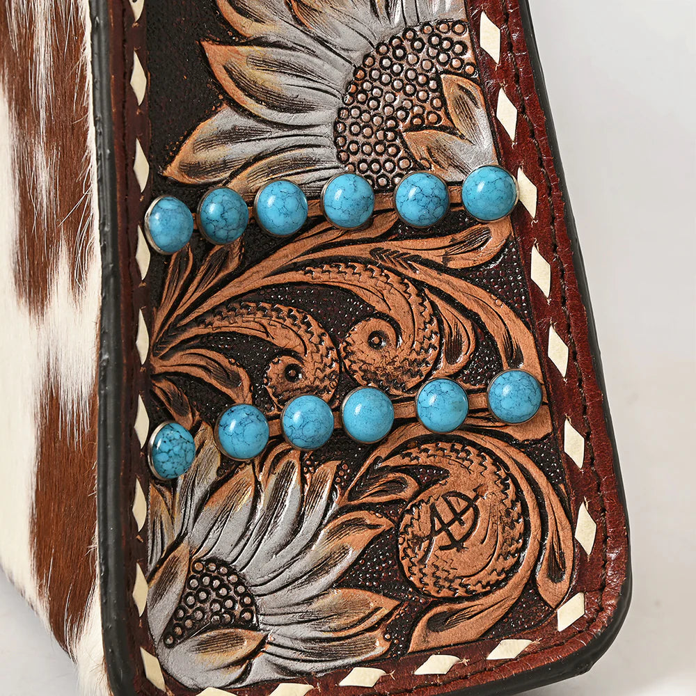 Western Wallet Bag Handcrafted from Hair-On Cowhide & Hand-Tooled Genuine Leather