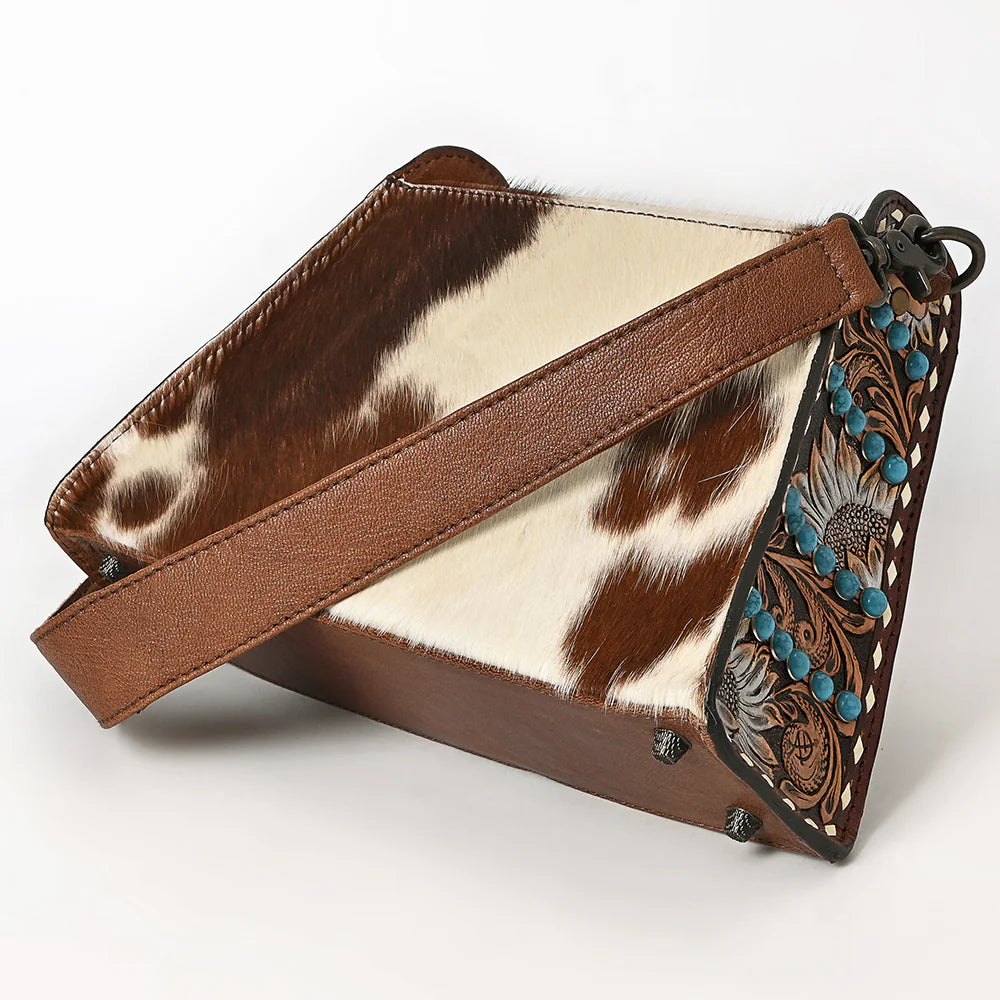 Western Wallet Bag Handcrafted from Hair-On Cowhide & Hand-Tooled Genuine Leather