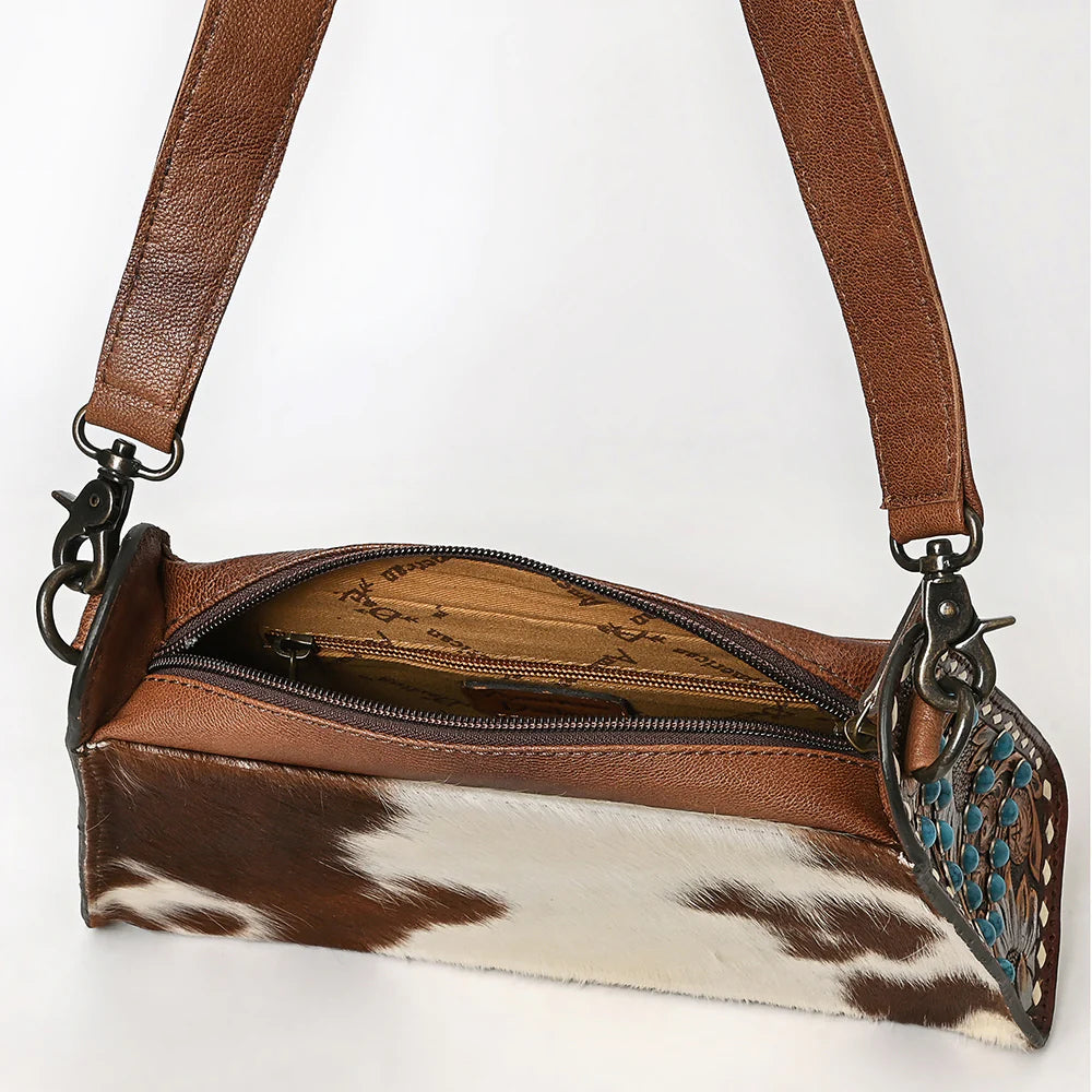 Western Wallet Bag Handcrafted from Hair-On Cowhide & Hand-Tooled Genuine Leather