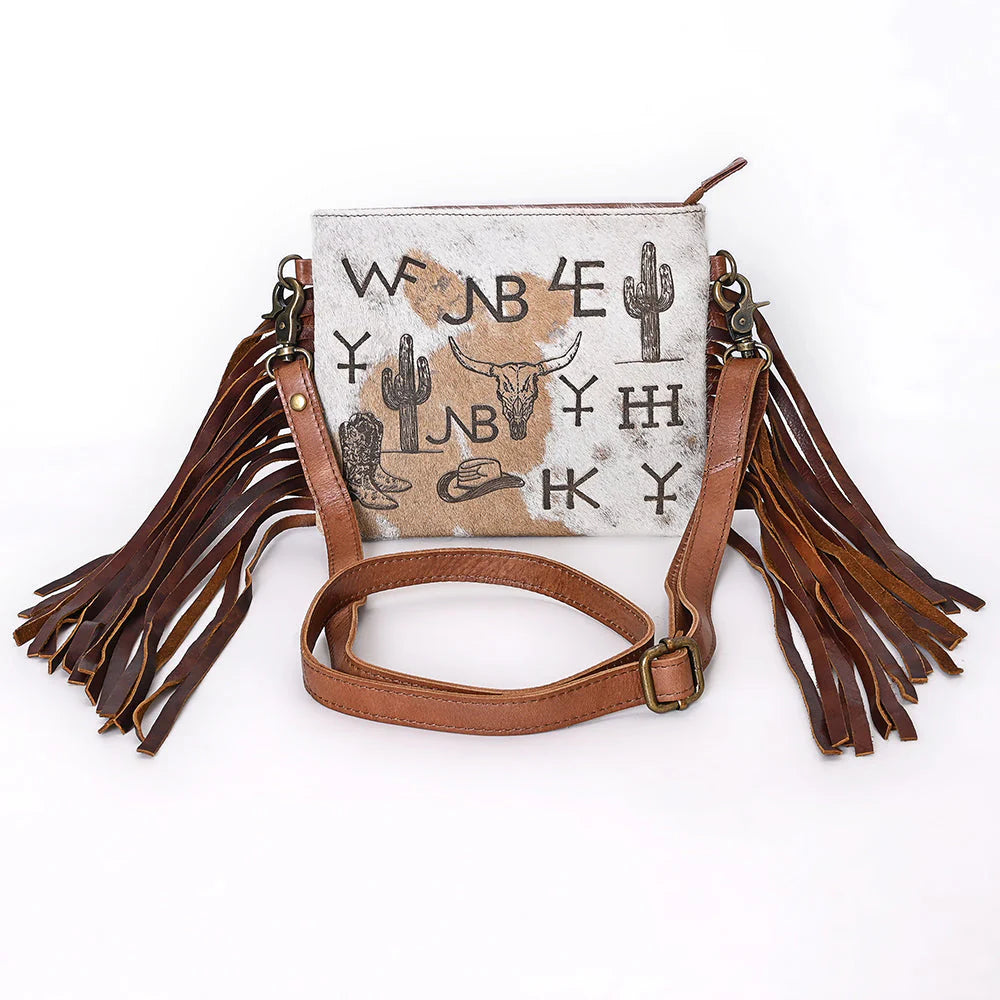 Crossbody Bag - Western Hair-On Leather Fringe Bag with Ranch Brand & Rodeo Motif
