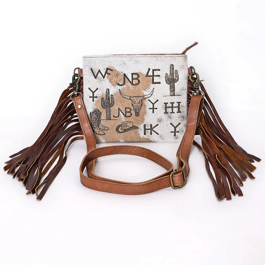 Crossbody Bag - Western Hair-On Leather Fringe Bag with Ranch Brand & Rodeo Motif