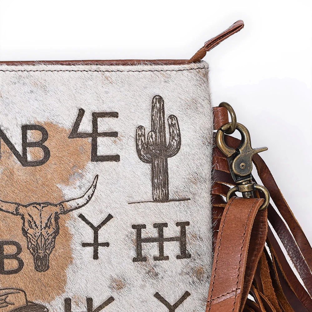 Crossbody Bag - Western Hair-On Leather Fringe Bag with Ranch Brand & Rodeo Motif