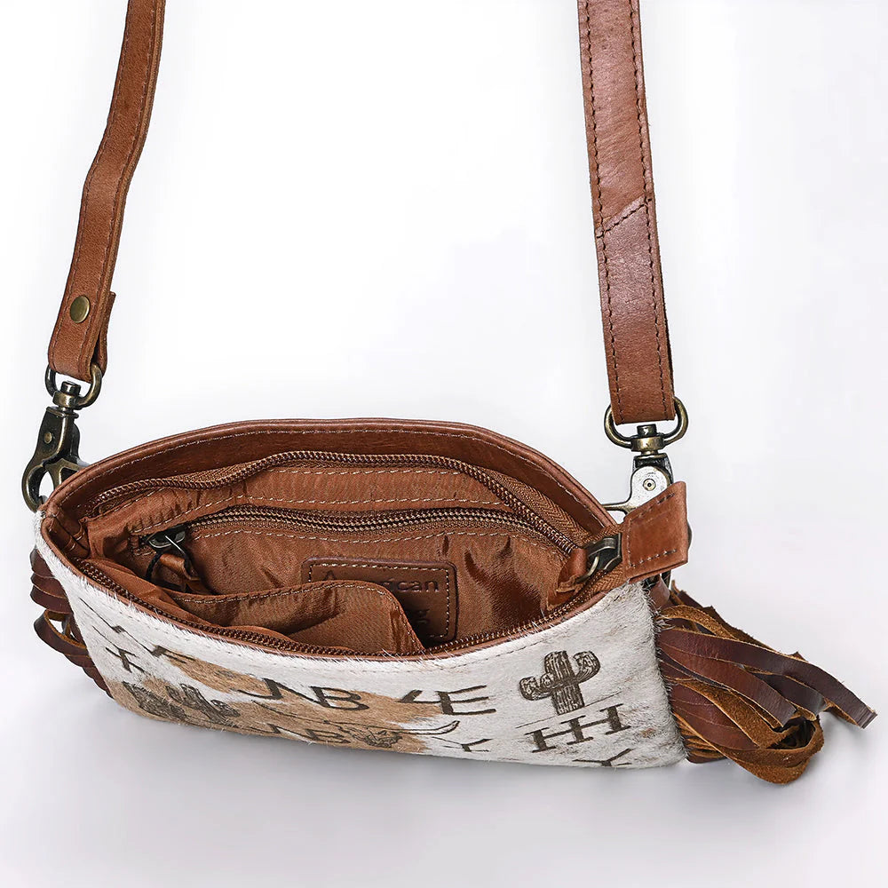 Crossbody Bag - Western Hair-On Leather Fringe Bag with Ranch Brand & Rodeo Motif