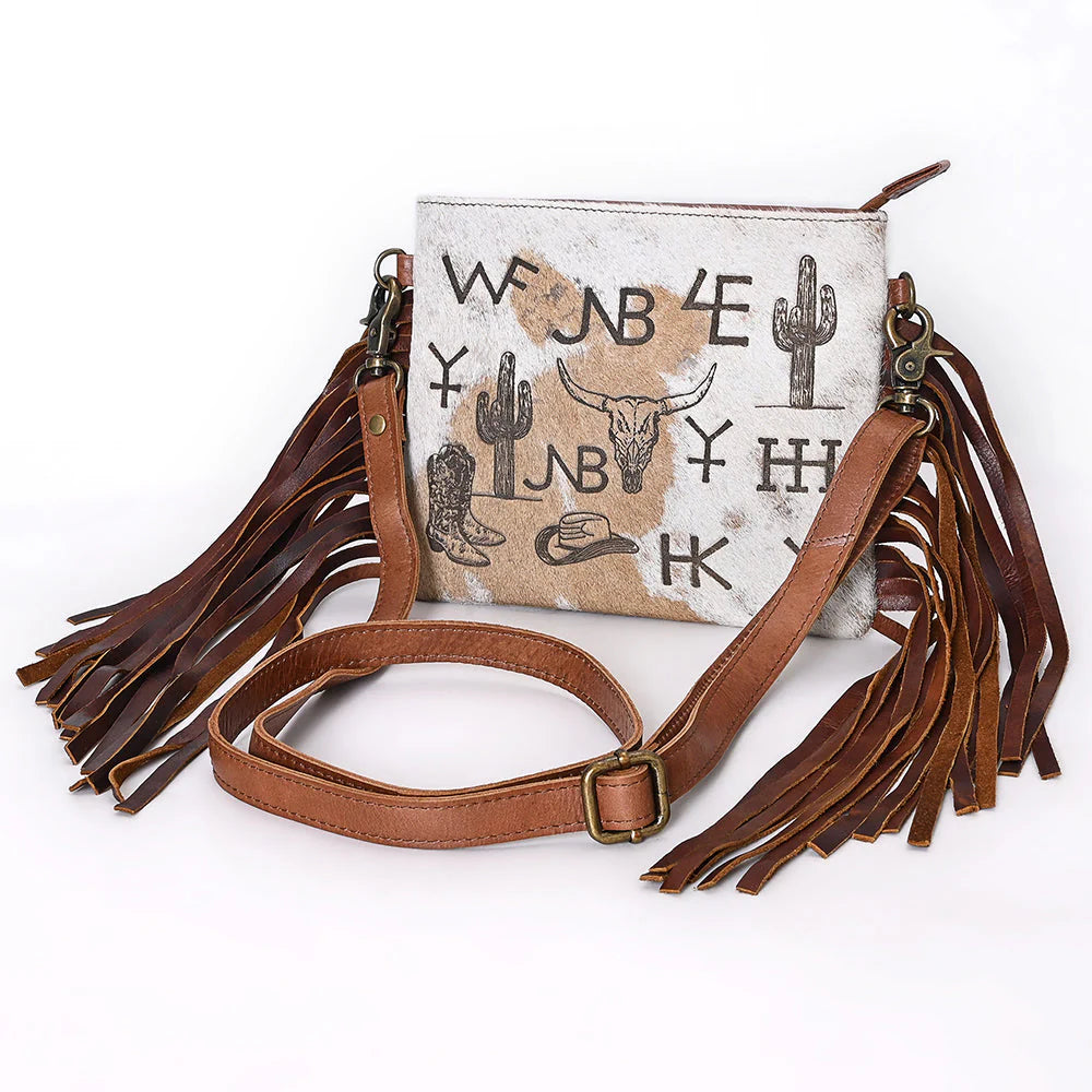 Crossbody Bag - Western Hair-On Leather Fringe Bag with Ranch Brand & Rodeo Motif