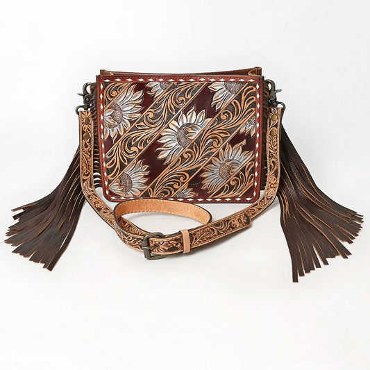Hand-Tooled Leather Crossbody Bag with Sunflowers & Fringe Strap