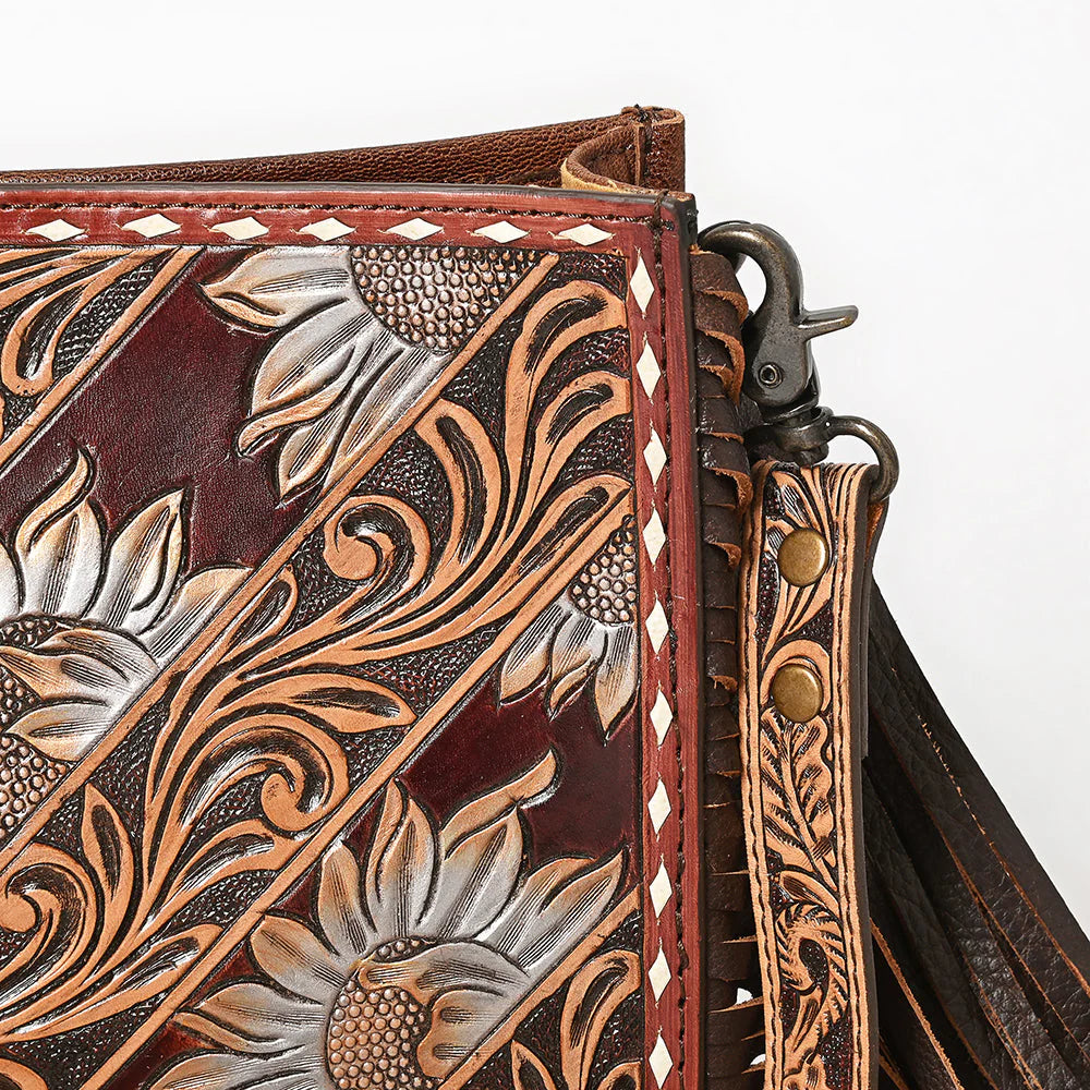 Hand-Tooled Leather Crossbody Bag with Sunflowers & Fringe Strap